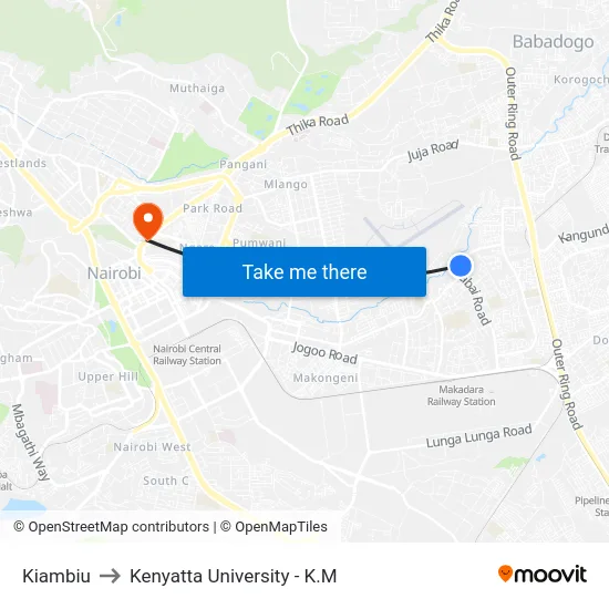 Kiambiu to Kenyatta University - K.M map