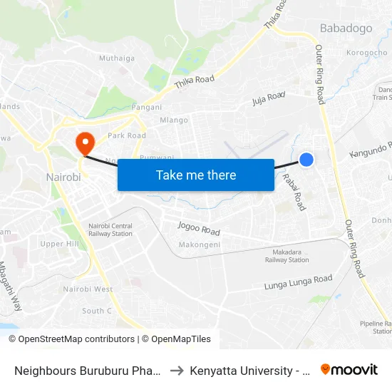 Neighbours Buruburu Phase 1 to Kenyatta University - K.M map