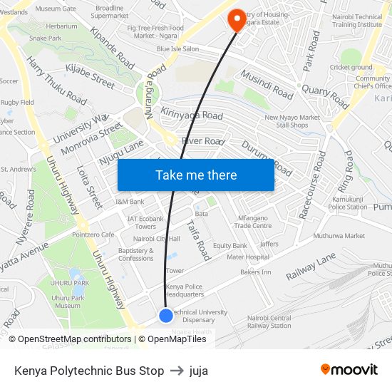 Kenya Polytechnic Bus Stop to juja map