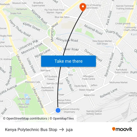 Kenya Polytechnic Bus Stop to juja map
