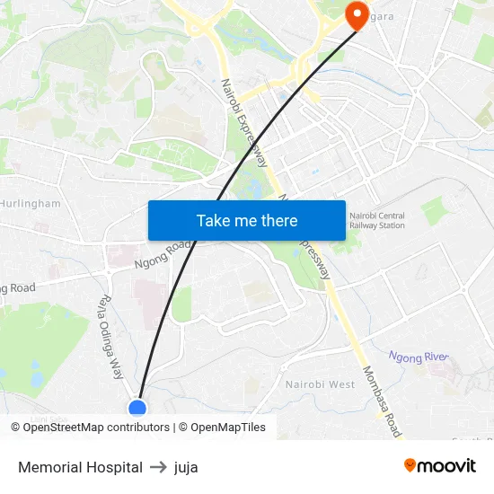Memorial Hospital to juja map