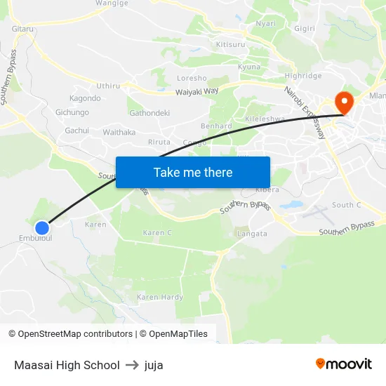 Maasai High School to juja map