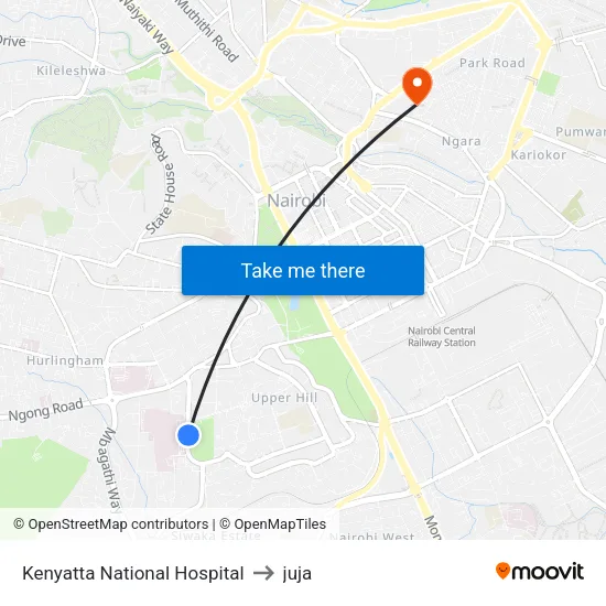 Kenyatta National Hospital to juja map
