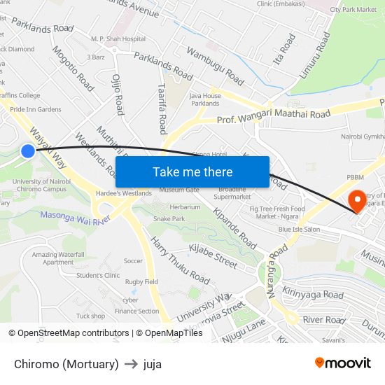 Chiromo (Mortuary) to juja map