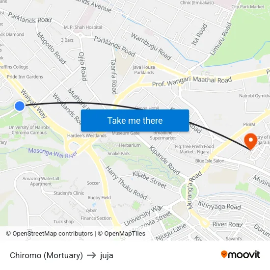 Chiromo (Mortuary) to juja map