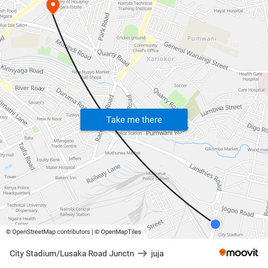 City Stadium/Lusaka Road Junctn to juja map