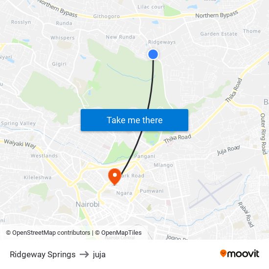 Ridgeway Springs to juja map