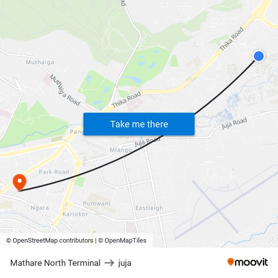 Mathare North Terminal to juja map