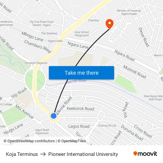 Koja Terminus to Pioneer International University map