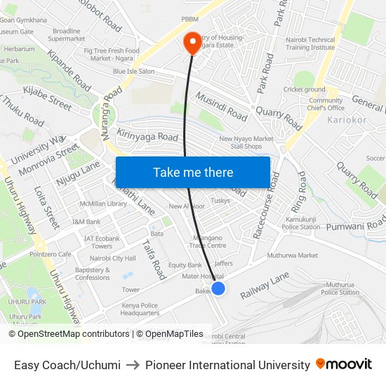 Easy Coach/Uchumi to Pioneer International University map
