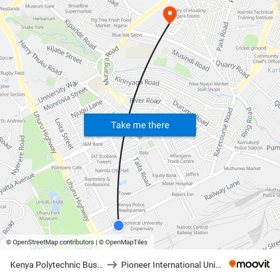 Kenya Polytechnic Bus Stop to Pioneer International University map