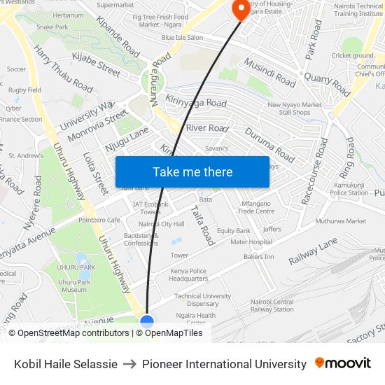 Kobil Haile Selassie to Pioneer International University map