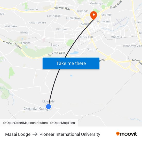 Masai Lodge to Pioneer International University map