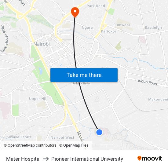Mater Hospital to Pioneer International University map