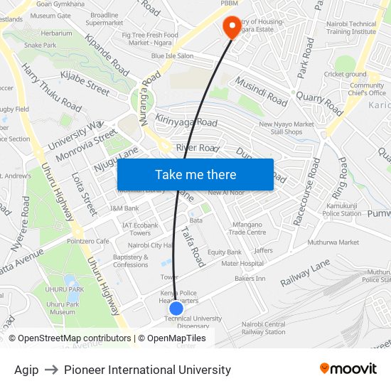 Agip to Pioneer International University map