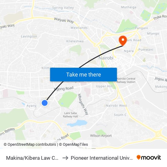 Makina/Kibera Law Courts to Pioneer International University map