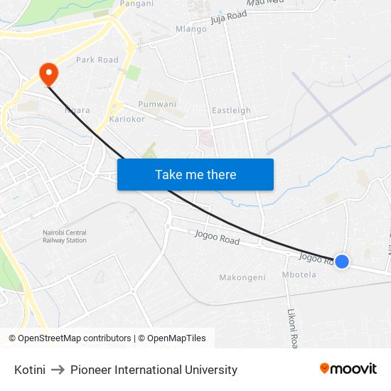 Kotini to Pioneer International University map