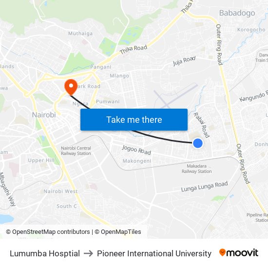 Lumumba Hosptial to Pioneer International University map