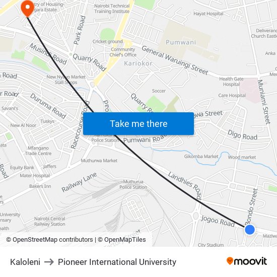 Kaloleni to Pioneer International University map