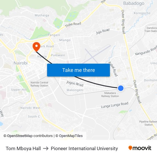 Tom Mboya Hall to Pioneer International University map