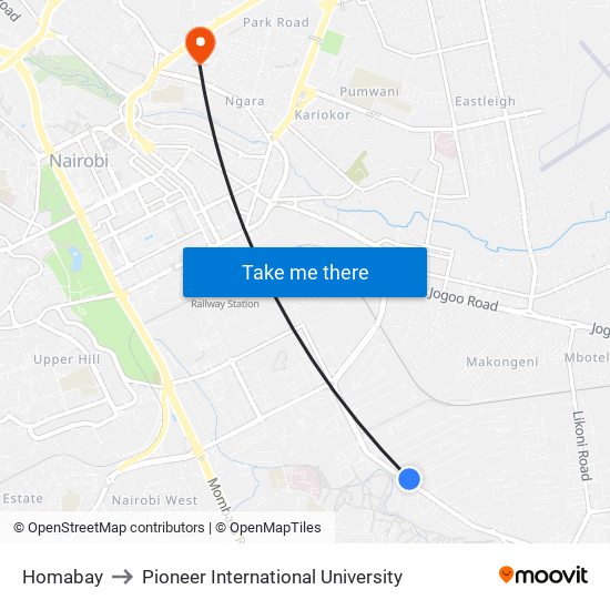 Homabay to Pioneer International University map