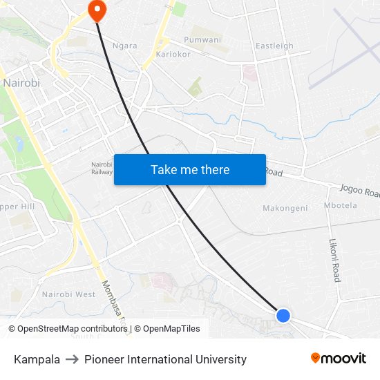Kampala to Pioneer International University map