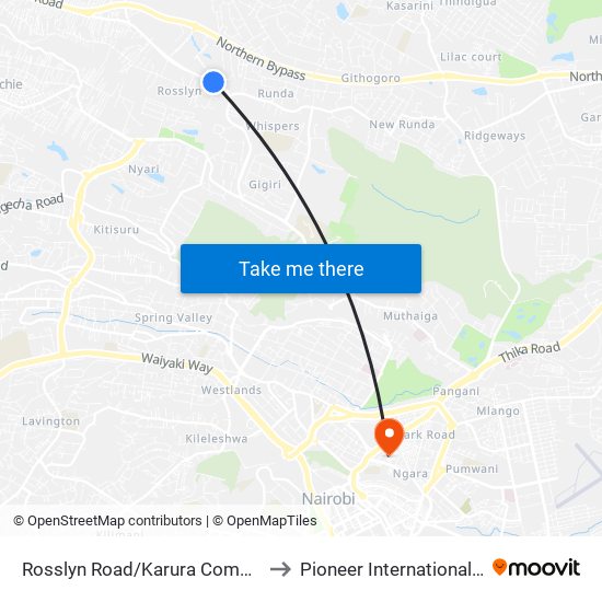 Rosslyn Road/Karura Community Chapel to Pioneer International University map