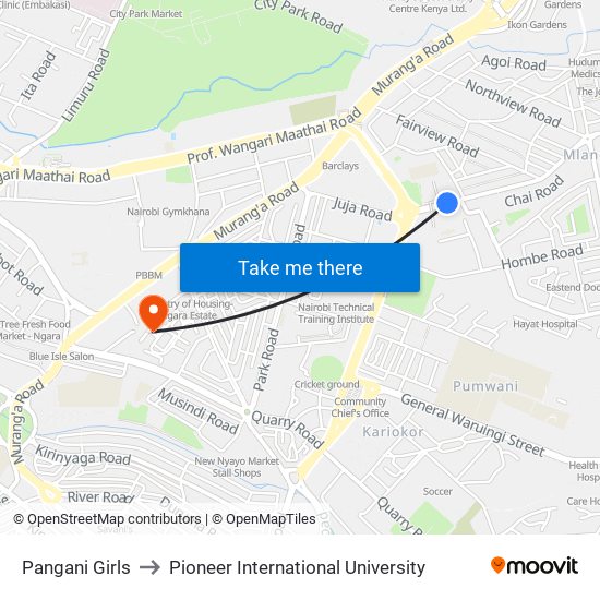 Pangani Girls to Pioneer International University map