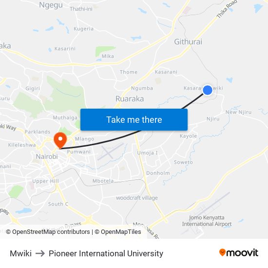 Mwiki to Pioneer International University map