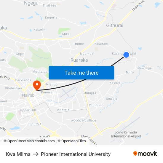 Kwa Mlima to Pioneer International University map