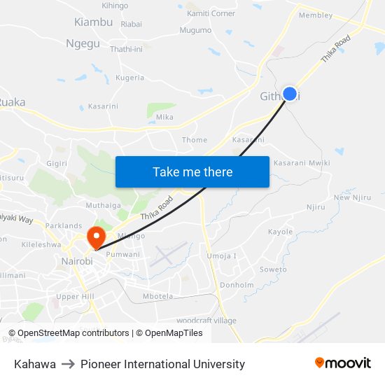 Kahawa to Pioneer International University map