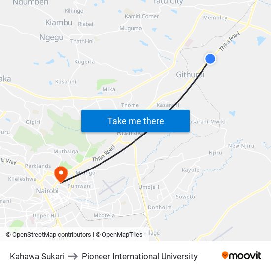 Kahawa Sukari to Pioneer International University map