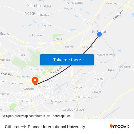 Githurai to Pioneer International University map