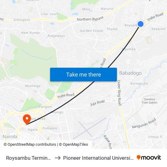 Roysambu Terminus to Pioneer International University map