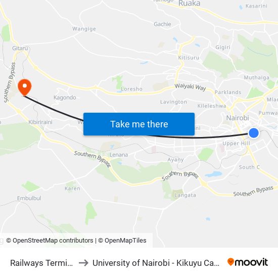 Railways Terminus to University of Nairobi - Kikuyu Campus map