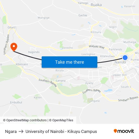 Ngara to University of Nairobi - Kikuyu Campus map