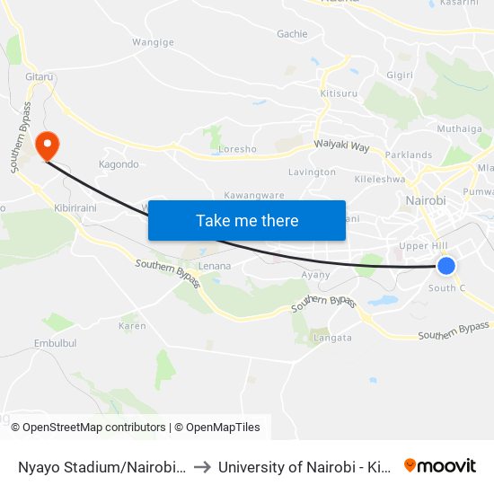 Nyayo Stadium/Nairobi West Stage to University of Nairobi - Kikuyu Campus map