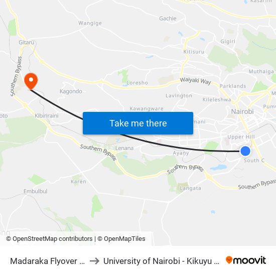 Madaraka Flyover Stage to University of Nairobi - Kikuyu Campus map