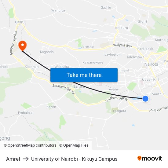 Amref to University of Nairobi - Kikuyu Campus map