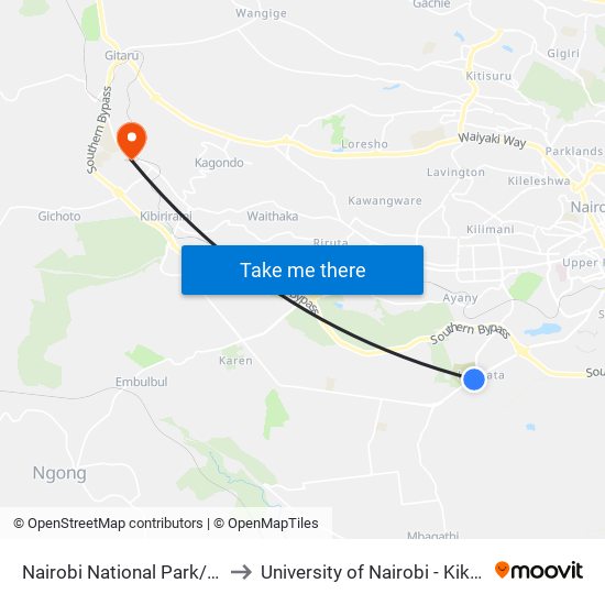 Nairobi National Park/Orphanage to University of Nairobi - Kikuyu Campus map