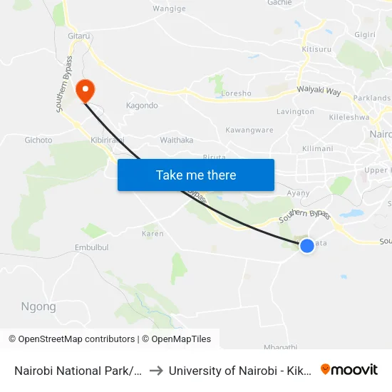 Nairobi National Park/Orphanage to University of Nairobi - Kikuyu Campus map