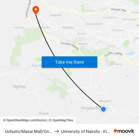 Uchumi/Masai Mall/Ongata Rongai to University of Nairobi - Kikuyu Campus map