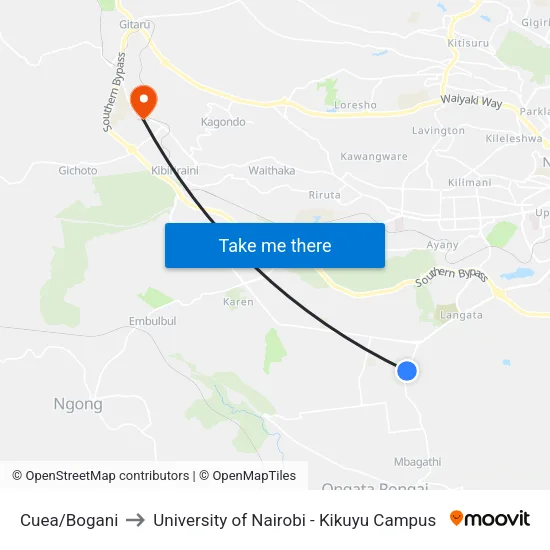 Cuea/Bogani to University of Nairobi - Kikuyu Campus map