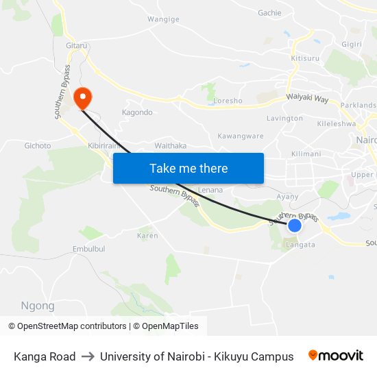 Kanga Road to University of Nairobi - Kikuyu Campus map