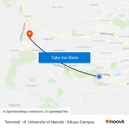 Terminal to University of Nairobi - Kikuyu Campus map