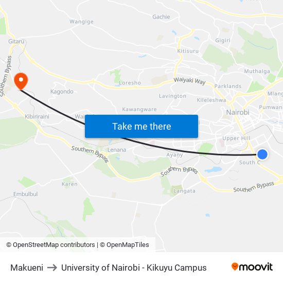 Makueni to University of Nairobi - Kikuyu Campus map