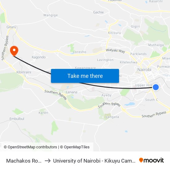 Machakos Road to University of Nairobi - Kikuyu Campus map