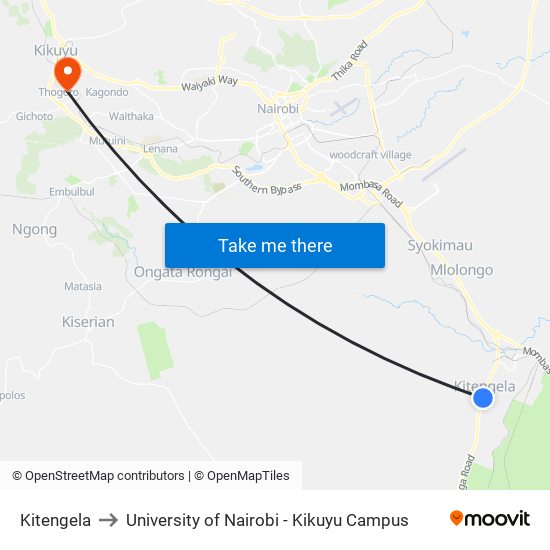Kitengela to University of Nairobi - Kikuyu Campus map