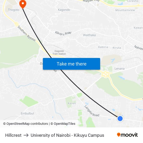 Hillcrest to University of Nairobi - Kikuyu Campus map