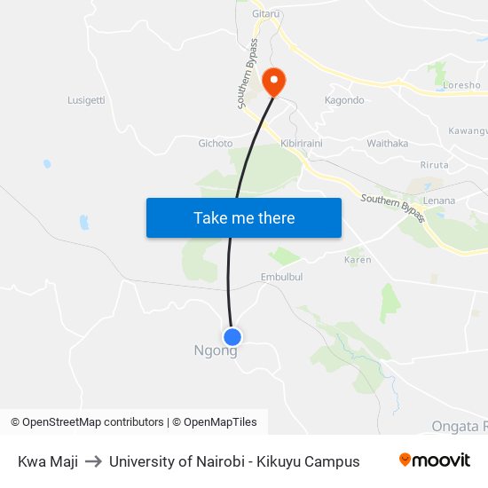 Kwa Maji to University of Nairobi - Kikuyu Campus map